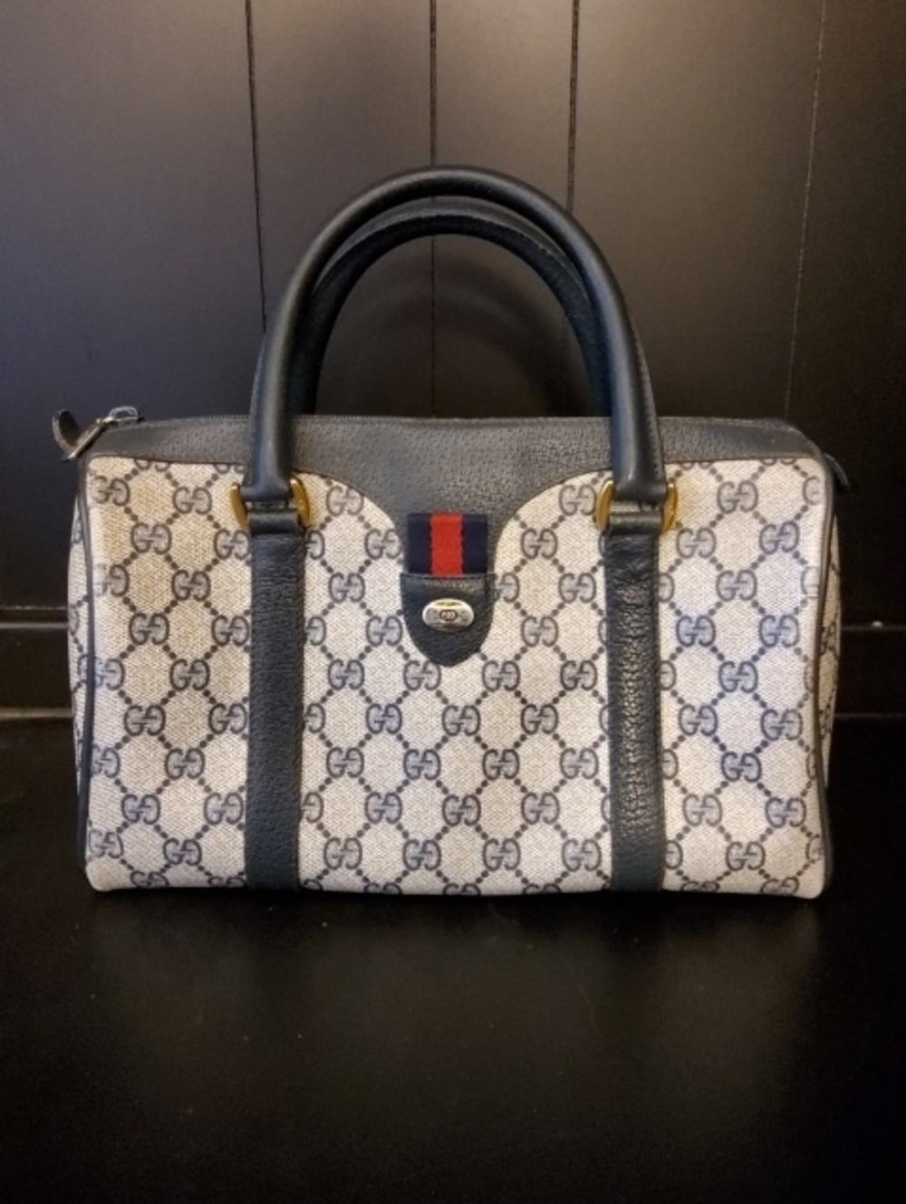 Authentic Gucci Navy Blue GG Supreme Satchel with Black Trim and Red-Blue Stripe